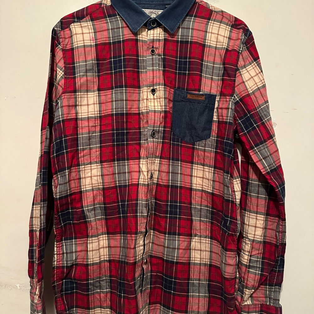 Steve McQueen By Selected Men's Red Pocket Check Shirt Size L with Denim Accents
